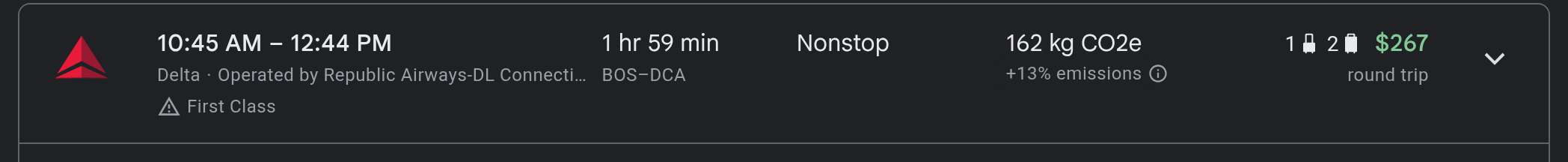 Boston to Washington Business class fare on Google Flights