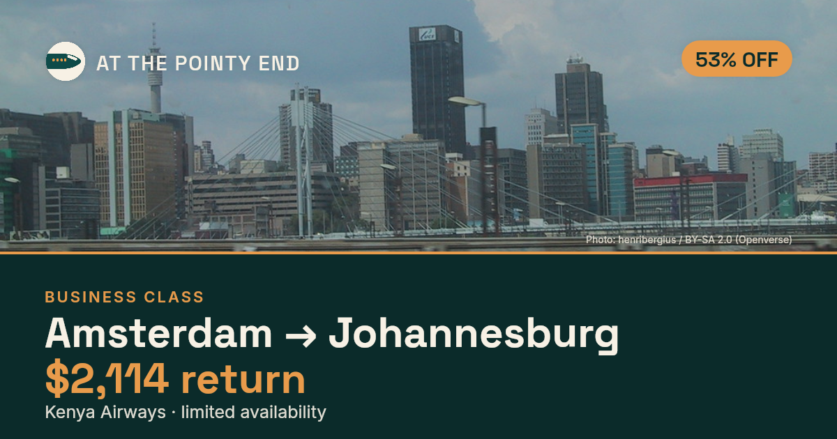 Business return to Johannesburg from US$2,114 — ~53% off. Limited availability.