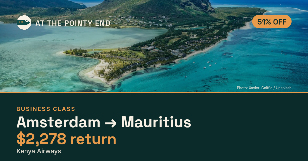 Business return to Mauritius from US$2,278, about 51% off. Checked against live availability.