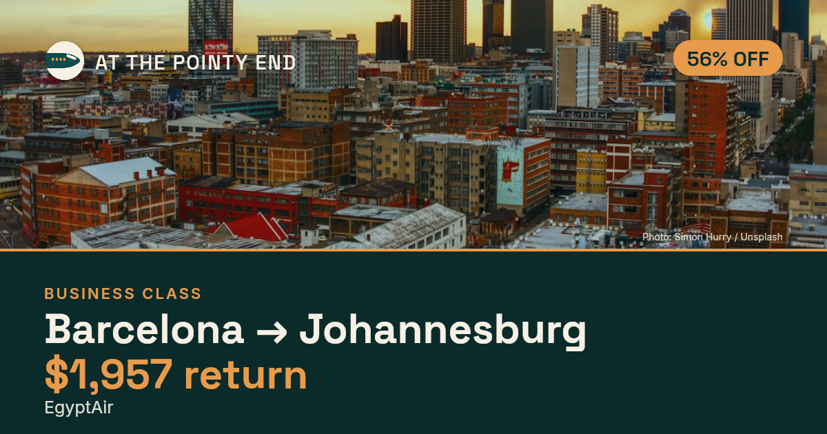 Business return to Johannesburg from US$1,957, about 56% off. Checked against live availability.