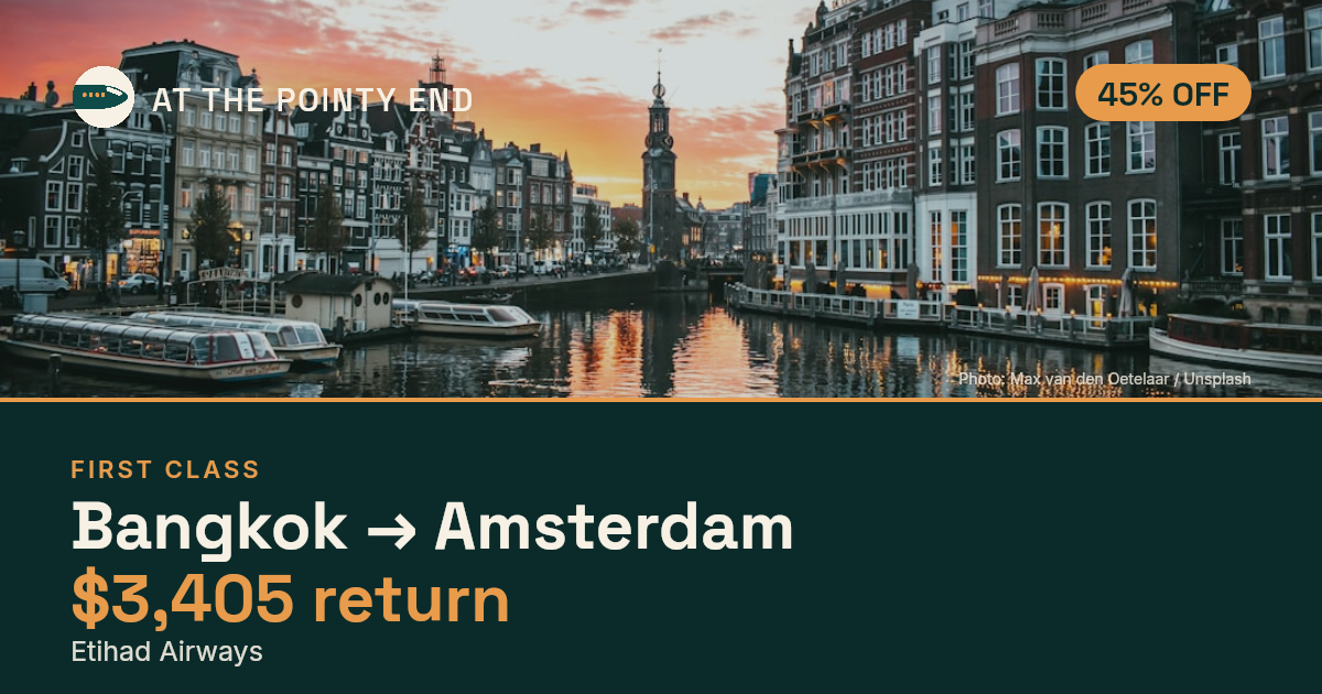 EXPIRED: First return to Amsterdam was US$3,405. The links inside still show today's best fares.