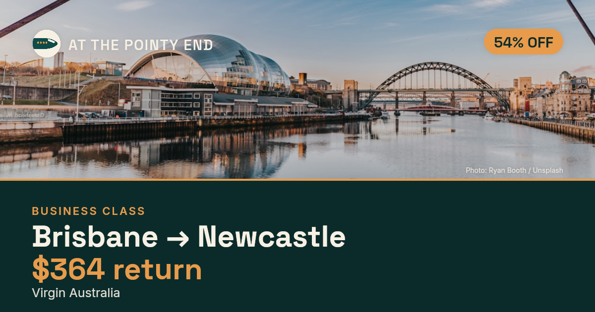 Business return to Newcastle from US$364, about 54% off. Checked against live availability.
