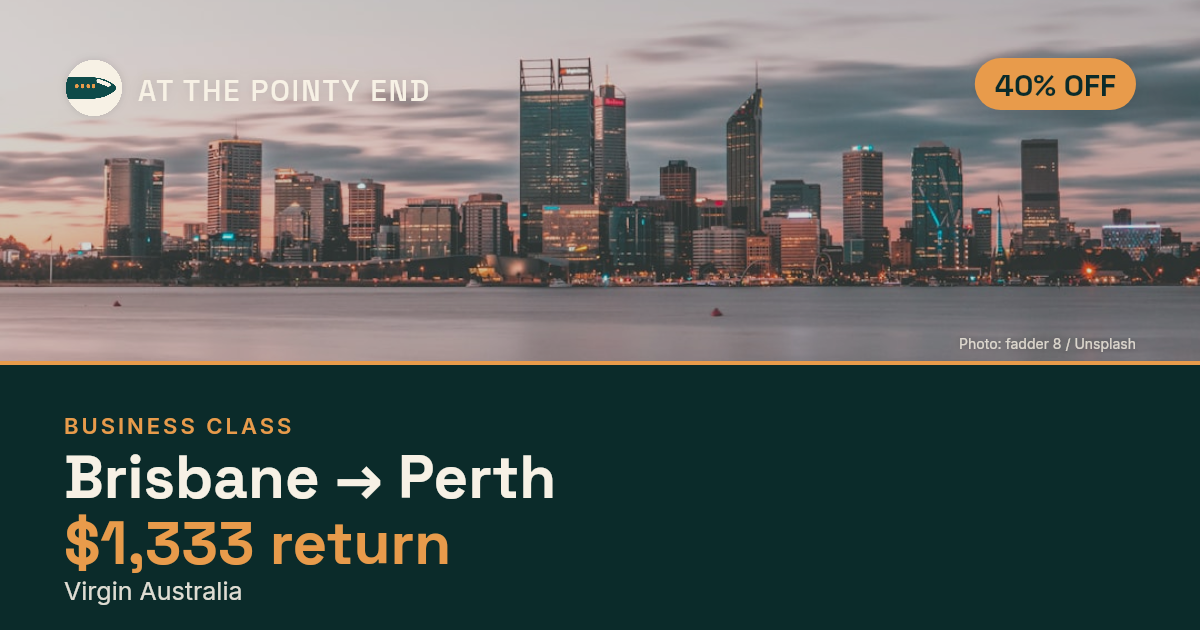 Business return to Perth from US$1,333, about 40% off. Checked against live availability.