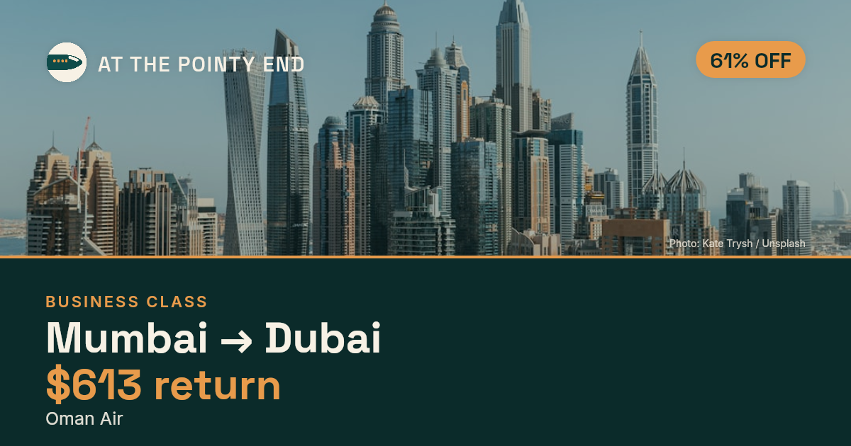 Business return to Dubai from US$613 — ~61% off. Limited availability.
