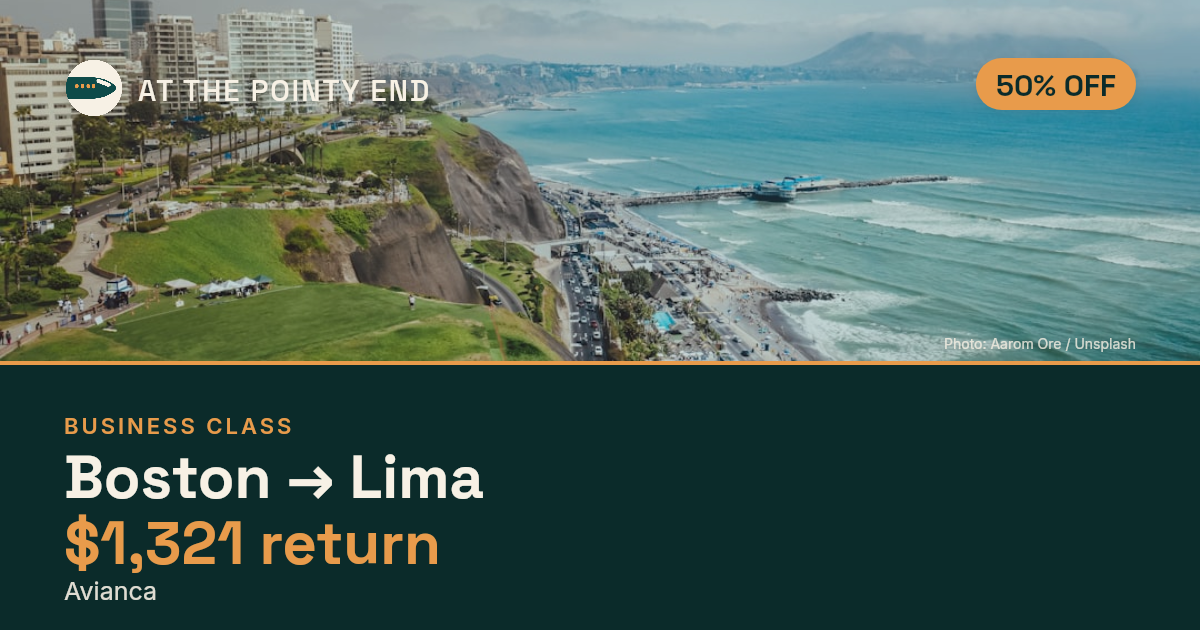 Business return to Lima from US$1,321, about 50% off. Checked against live availability.