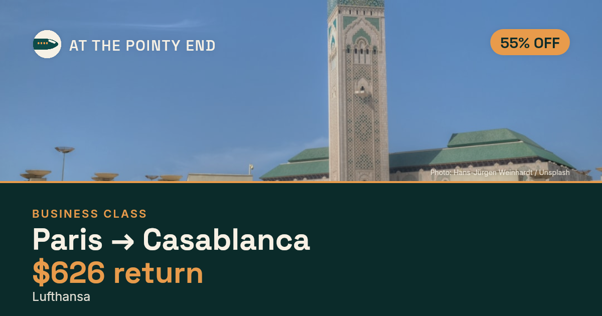 Business return to Casablanca from US$626 — ~55% off. Limited availability.