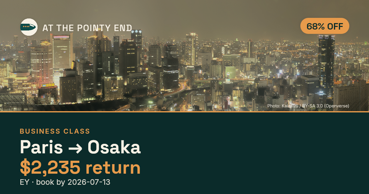 Business return to Osaka from US$2,235 — ~68% off. Book by 2026-07-13.