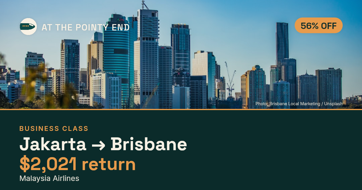 Business return to Brisbane from US$2,021, about 56% off. Checked against live availability.