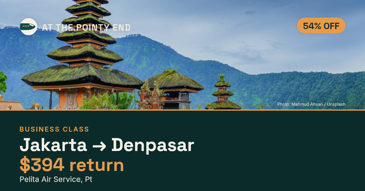 Business return to Denpasar from US$394, about 54% off. Checked against live availability.