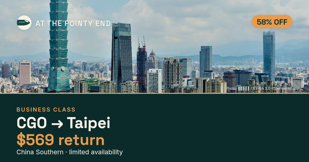 Business return to Taipei from US$569 — ~58% off. Limited availability.