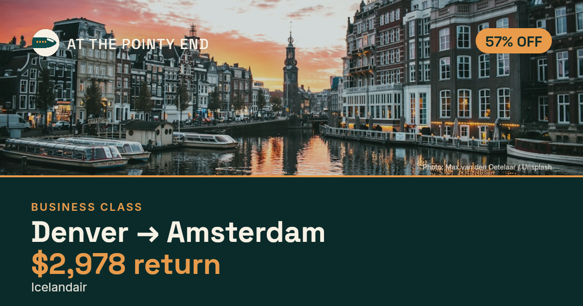 Business return to Amsterdam from US$2,978, about 57% off. Checked against live availability.