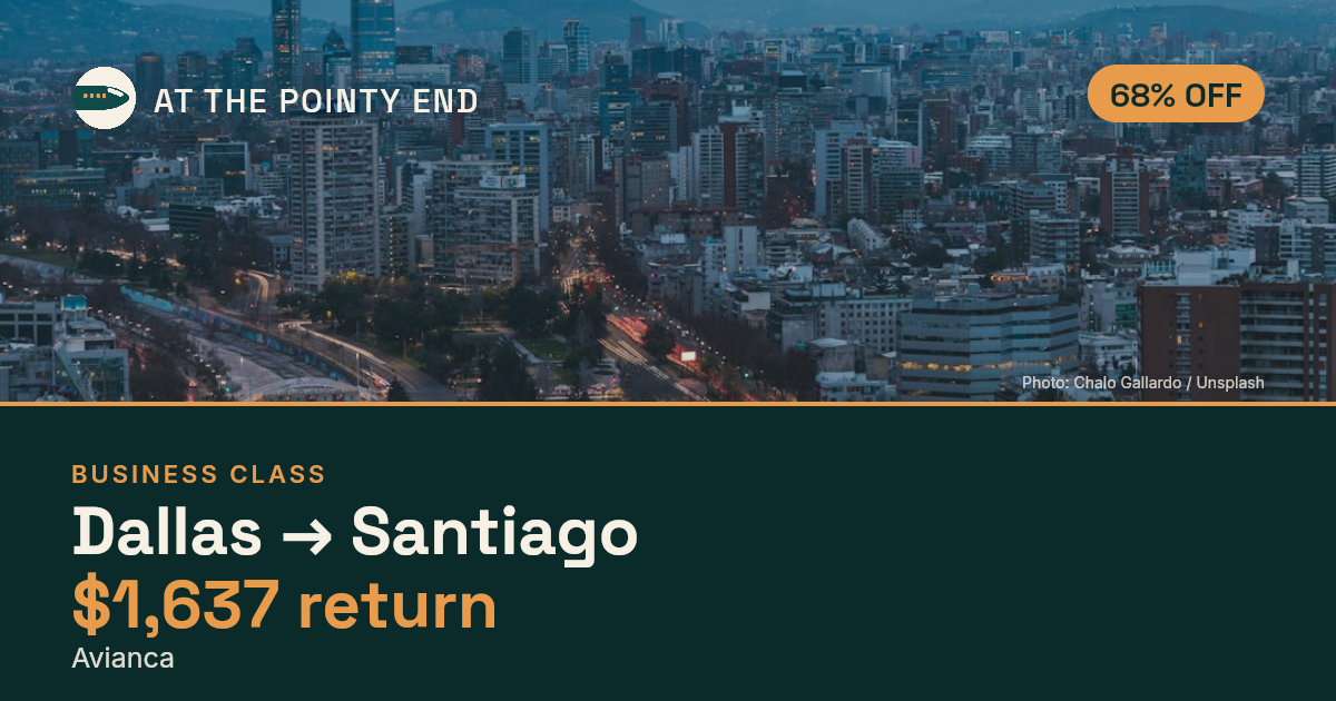 Business return to Santiago from US$1,637, about 68% off. Checked against live availability.