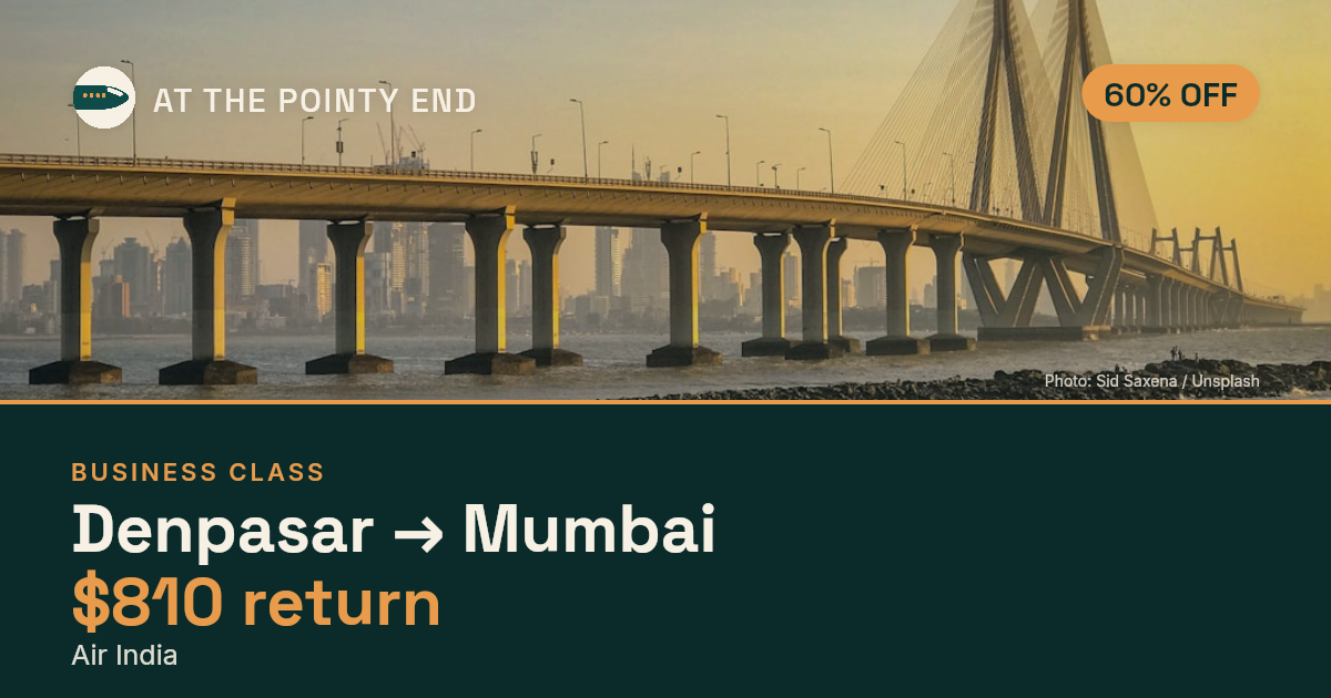 EXPIRED: Business return to Mumbai was US$810. The links inside still show today's best fares.
