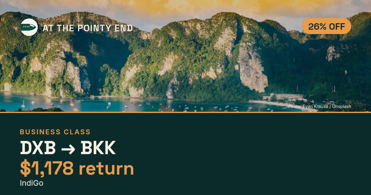 Business return to BKK from US$1,178, about 26% off. Checked against live availability.