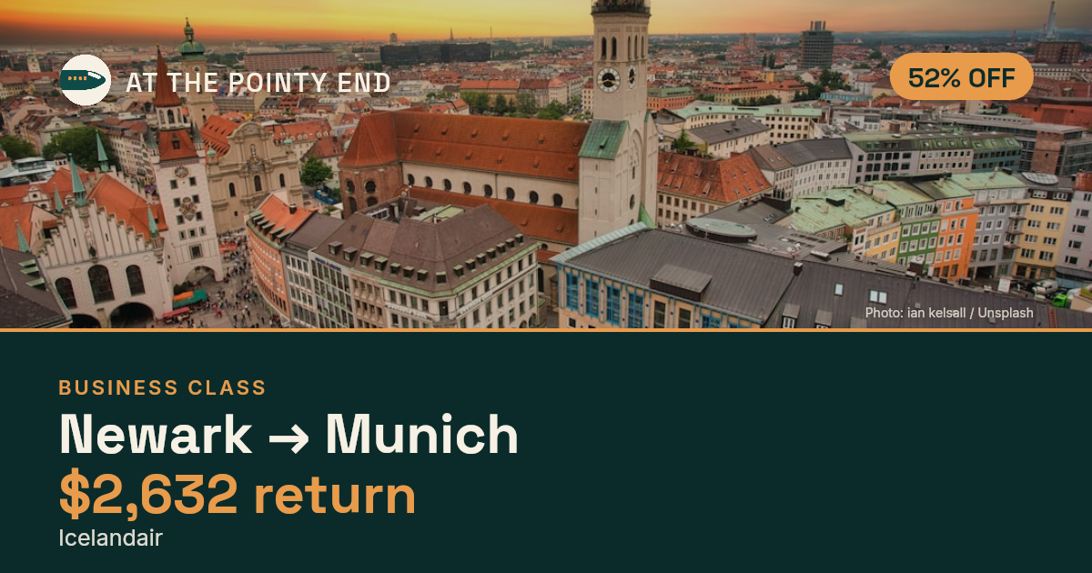 Business return to Munich from US$2,632, about 52% off. Checked against live availability.