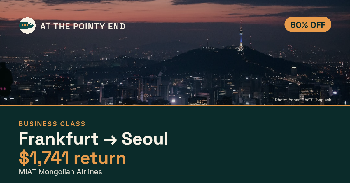 Business return to Seoul from US$1,741, about 60% off. Checked against live availability.