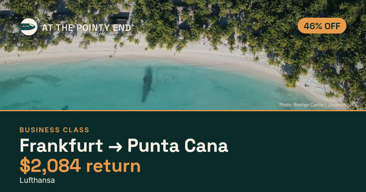Business return to Punta Cana from US$2,084, about 46% off. Checked against live availability.