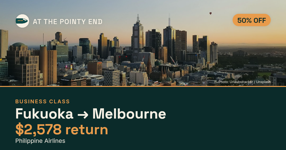 Business return to Melbourne from US$2,578 — ~50% off. Limited availability.