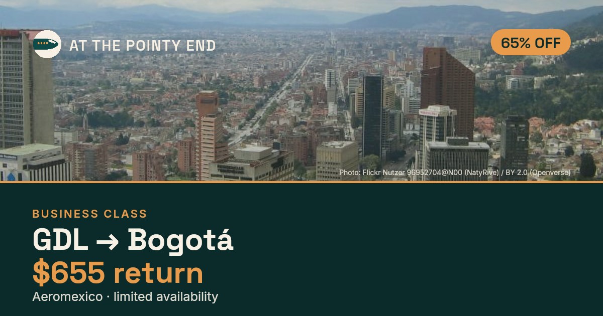 Business return to Bogotá from US$655 — ~65% off. Limited availability.