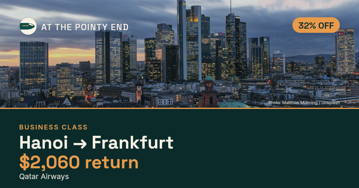 Business return to Frankfurt from US$2,060, about 32% off. Checked against live availability.