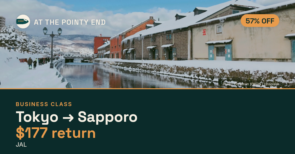 Business return to Sapporo from US$177, about 57% off. Checked against live availability.