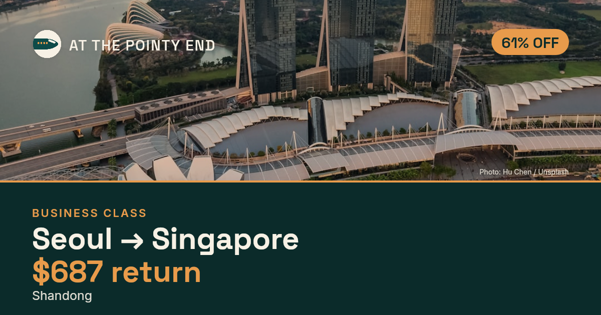 Business return to Singapore from US$687, about 61% off. Checked against live availability.
