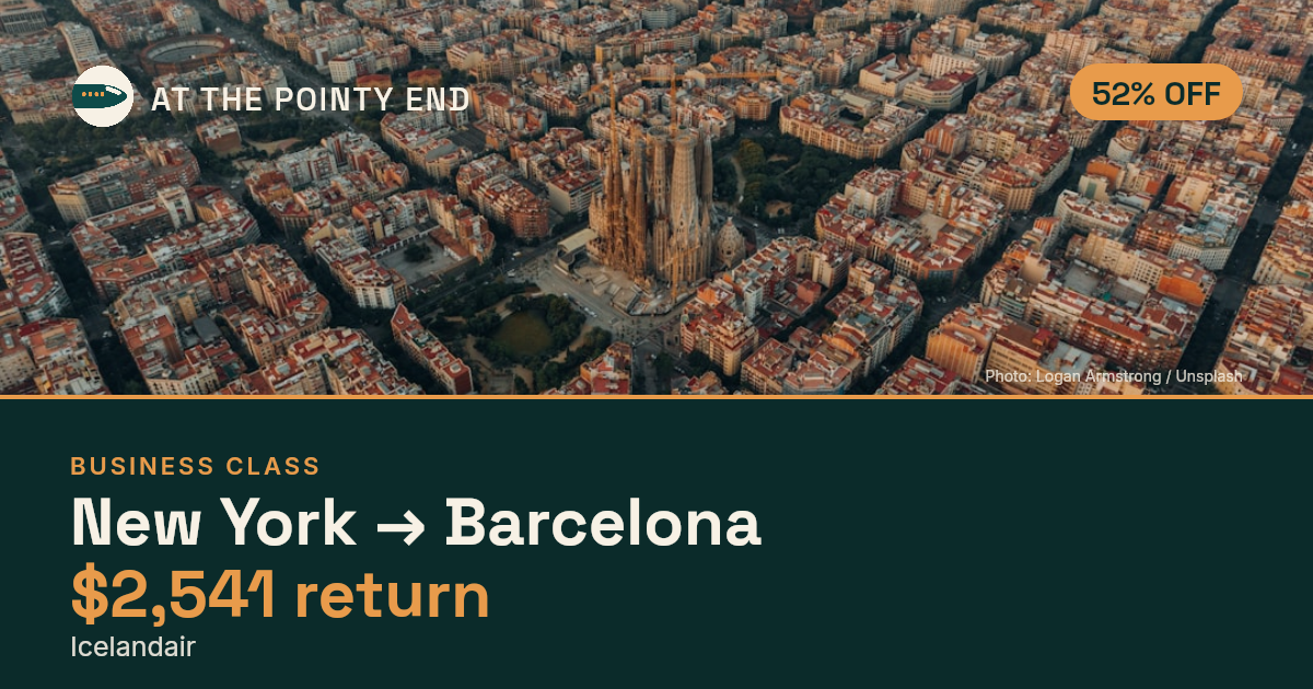 Business return to Barcelona from US$2,541, about 52% off. Checked against live availability.
