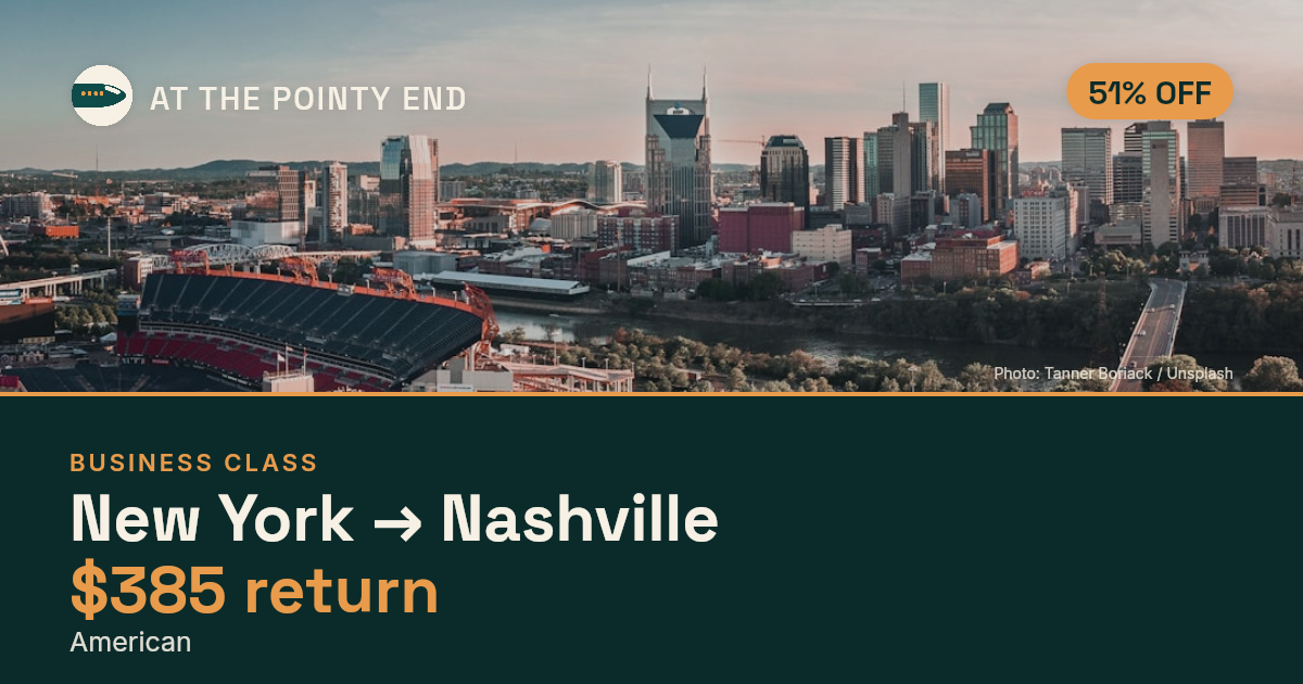Business return to Nashville from US$385, about 51% off. Checked against live availability.