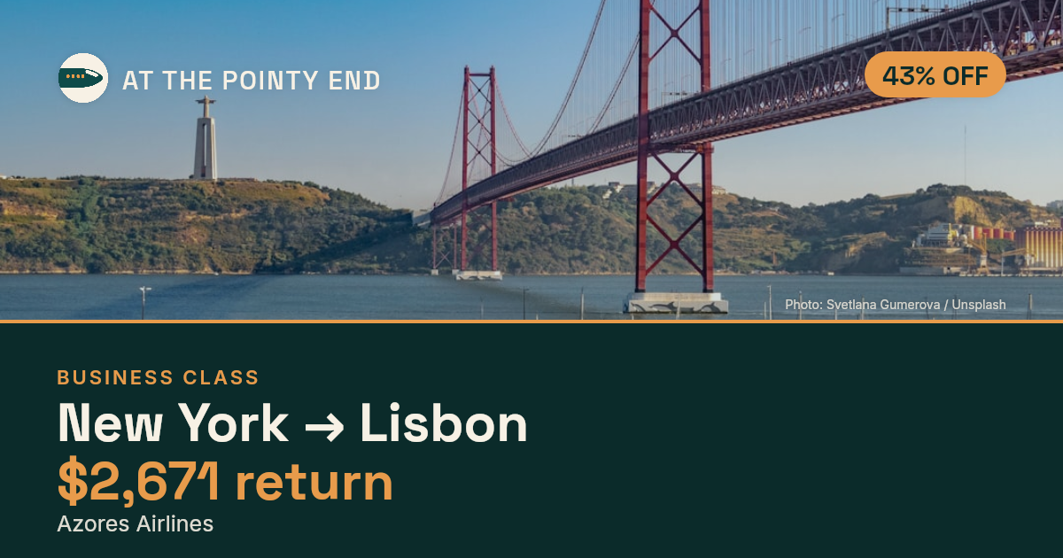 Business return to Lisbon from US$2,671, about 43% off. Checked against live availability.