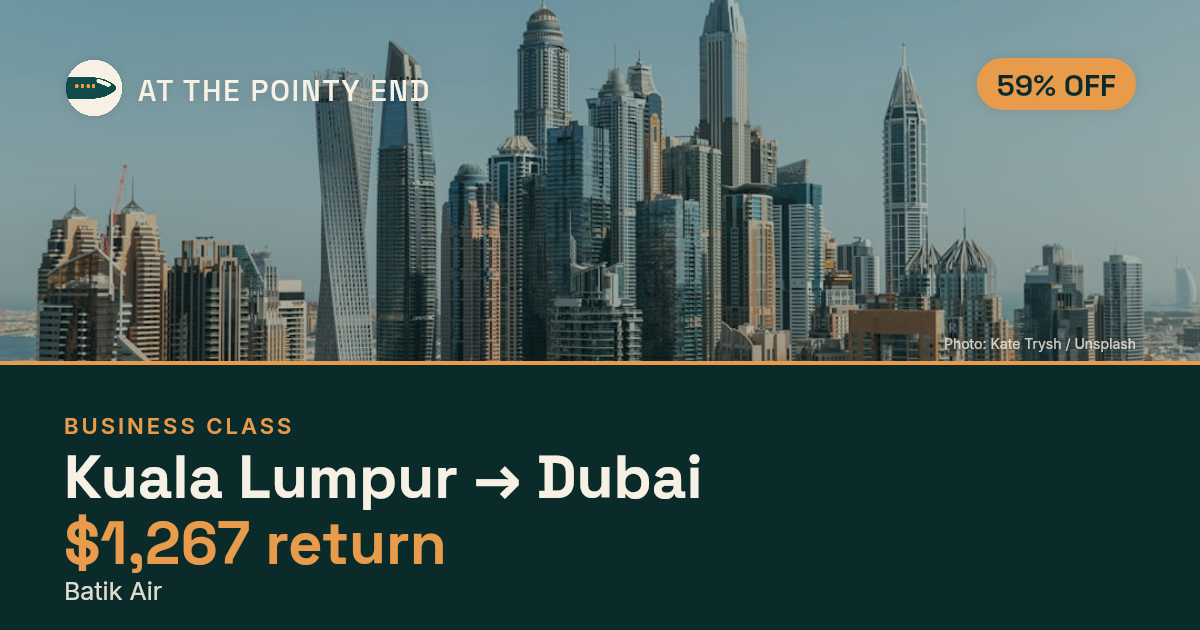 Business return to Dubai from US$1,267, about 59% off. Checked against live availability.
