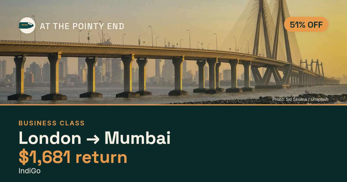 Business return to Mumbai from US$1,681, about 51% off. Checked against live availability.