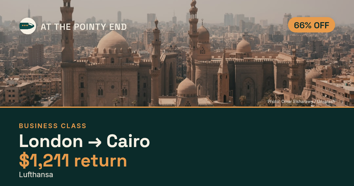 Business return to Cairo from US$1,211, about 66% off. Checked against live availability.