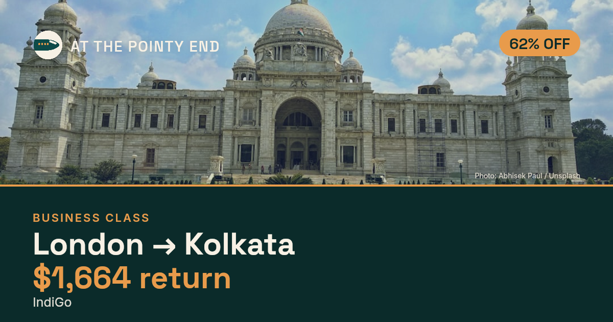Business return to Kolkata from US$1,664, about 62% off. Checked against live availability.