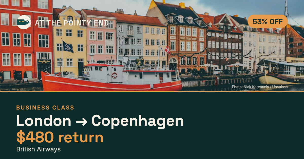Business return to Copenhagen from US$480, about 53% off. Checked against live availability.