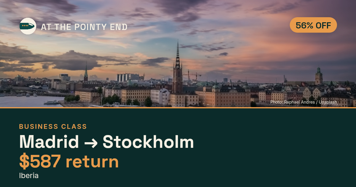 Business return to Stockholm from US$587, about 56% off. Checked against live availability.