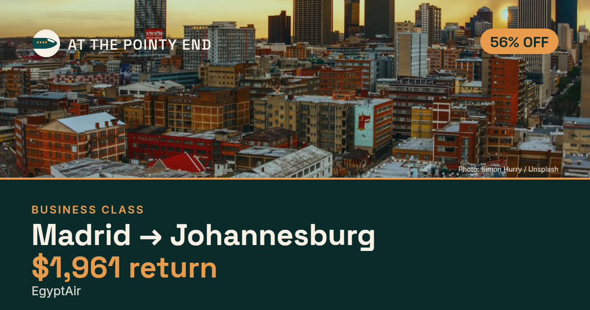 Business return to Johannesburg from US$1,961, about 56% off. Checked against live availability.