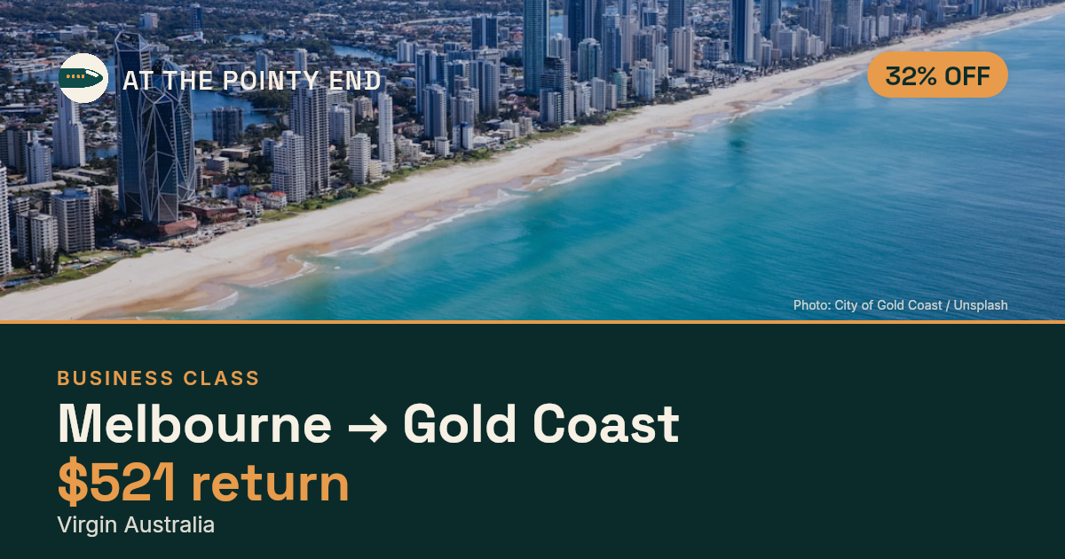 Business return to Gold Coast from US$521, about 32% off. Checked against live availability.