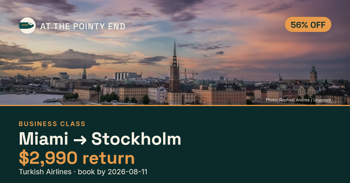 Business return to Stockholm from US$2,990, about 56% off. Book by 11 Aug.