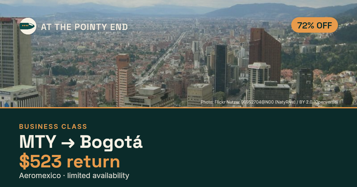 Business return to Bogotá from US$523 — ~72% off. Limited availability.