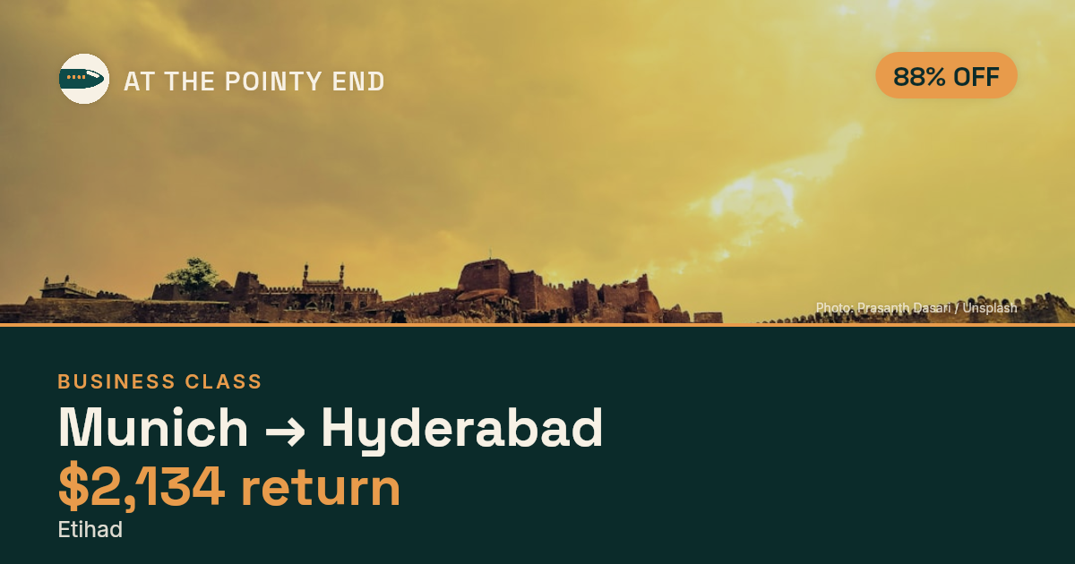Business return to Hyderabad from US$2,134, well below typical. Checked against live availability.