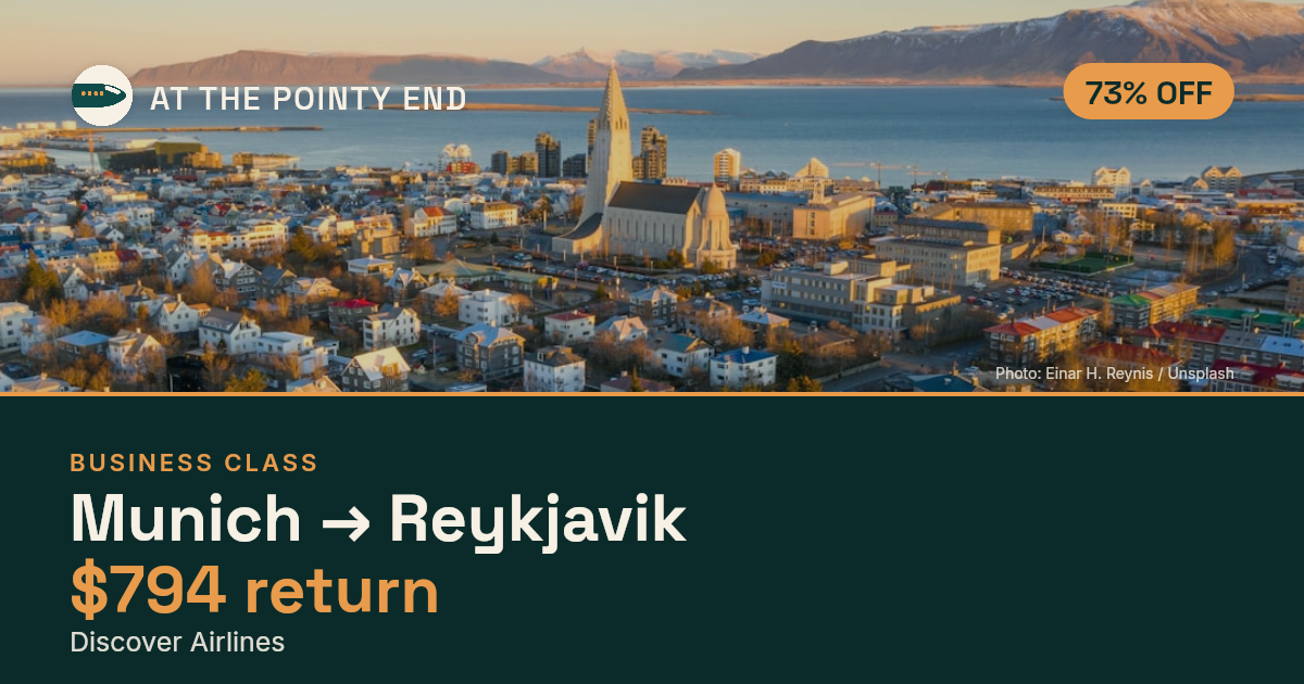Business return to Reykjavik from US$794, well below typical. Checked against live availability.