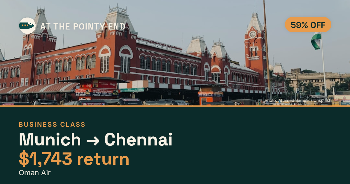 Business return to Chennai from US$1,743, about 59% off. Checked against live availability.