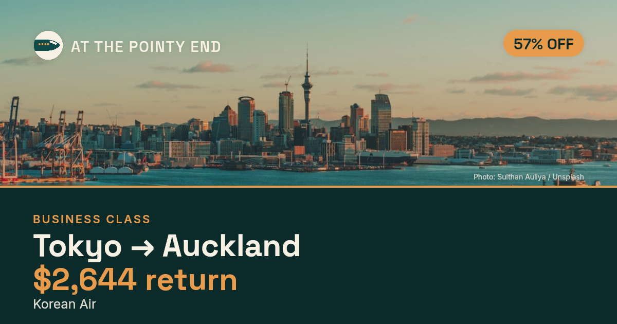 Business return to Auckland from US$2,644, about 57% off. Checked against live availability.