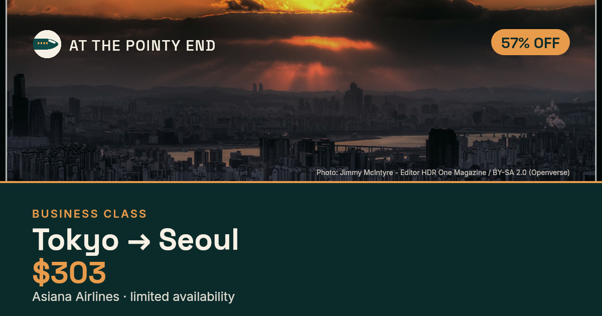 Business one-way to Seoul from US$303 — ~57% off. Limited availability.