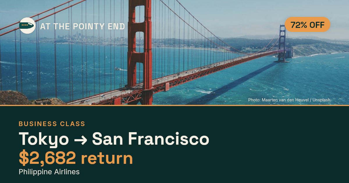 EXPIRED: Business return to San Francisco was US$2,682. The links inside still show today's best fares.