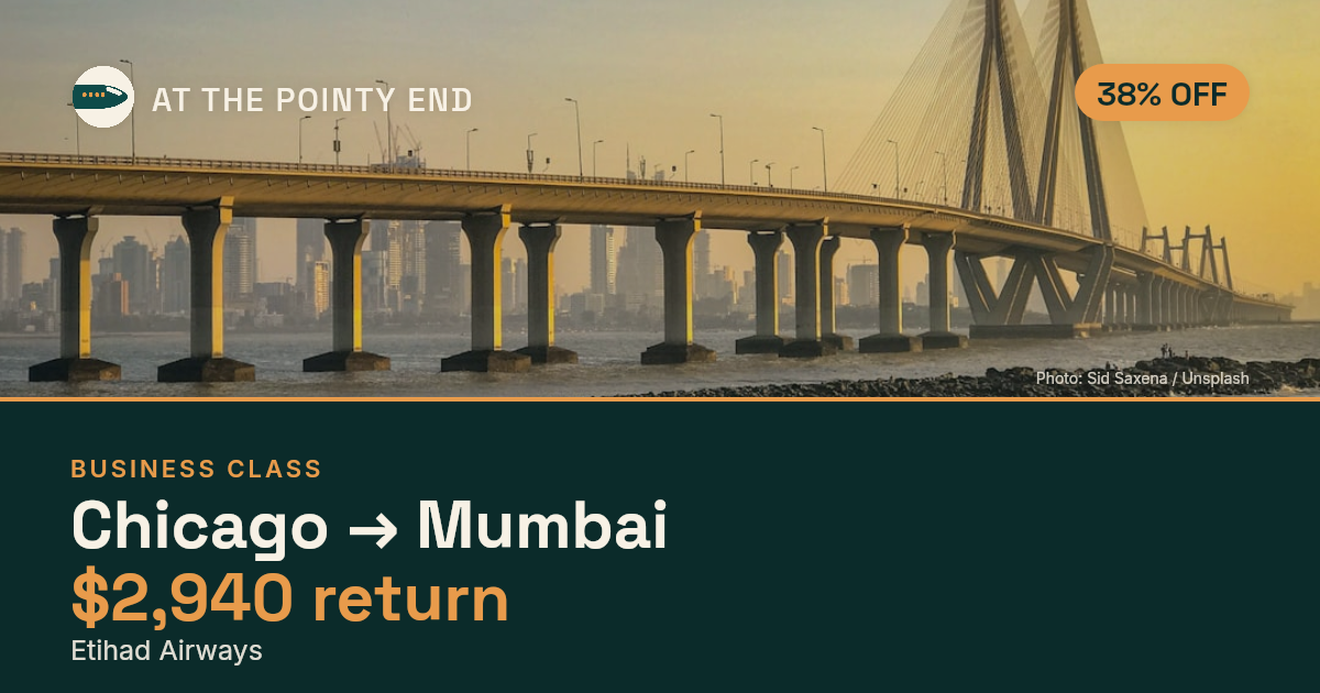 Business return to Mumbai from US$2,940, about 38% off. Checked against live availability.