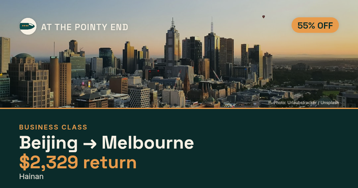 Business return to Melbourne from US$2,329, about 55% off. Checked against live availability.