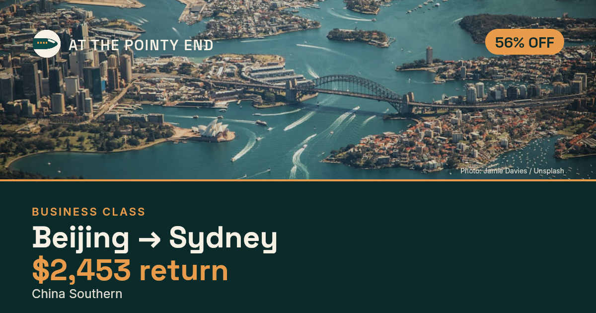 Business return to Sydney from US$2,453, about 56% off. Checked against live availability.