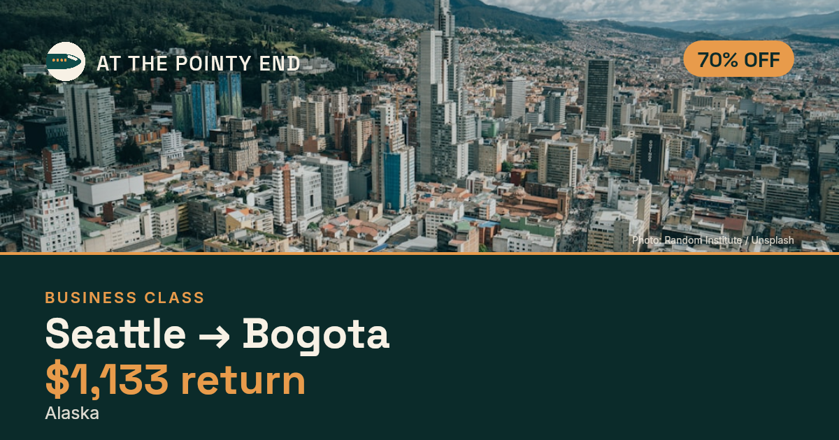 Business return to Bogota from US$1,133, well below typical. Checked against live availability.