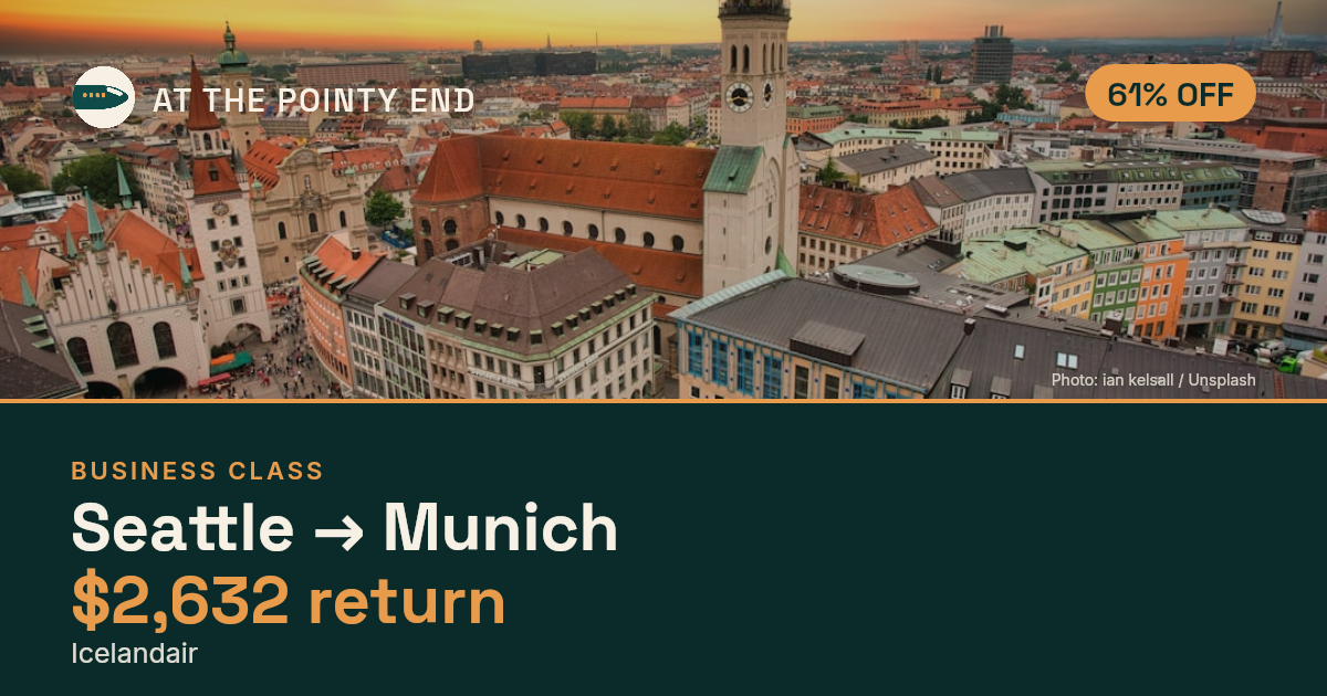 Business return to Munich from US$2,632, about 61% off. Checked against live availability.